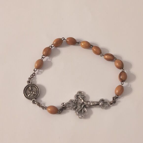 838 Wood Beaded Silver Chain Link Silver Cross and Charm Religious Bracelet - Picture 3 of 4
